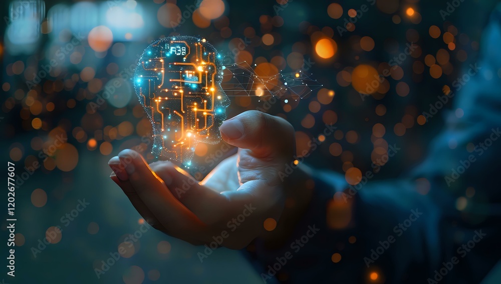 Glowing digital brain hologram floating above open hand against dark background with bokeh lights, representing artificial intelligence and future technology concept. Glowing digital brain hologram floating above open hand against dark background with bokeh lights, representing artificial intelligence and future technology concept.