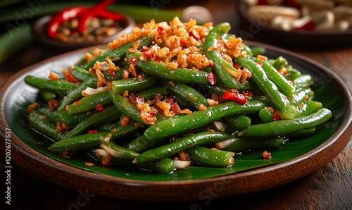 Stir-fried green beans with crispy shallots photo