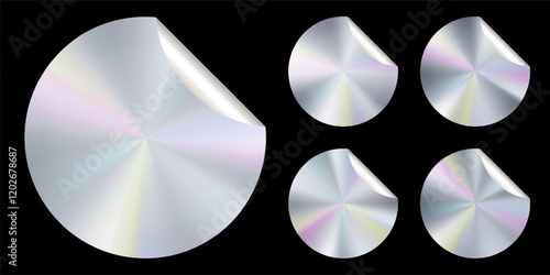 Silver hologram sticker label stamp. Platinum assurance metal gradient tape. Certification emblem circle icon. Limited best new product edition colorful foil tag. Original round vector conical texture
