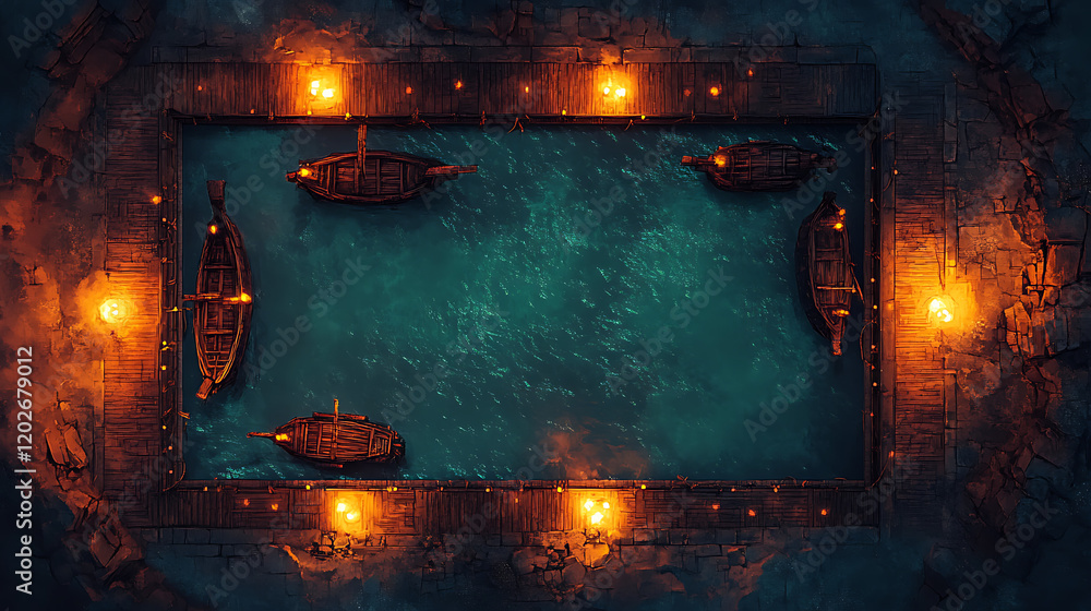 Naklejka premium Aerial view of a fantasy battle map game, showing ships at night