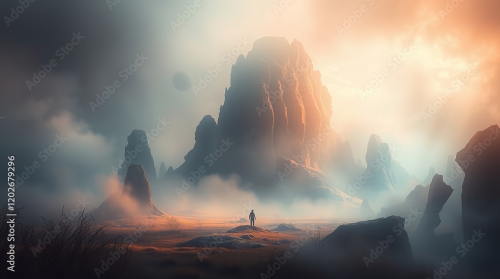 Fototapeta premium A silhouette of a figure stands against a breathtaking landscape of towering rocky mountains in mist.