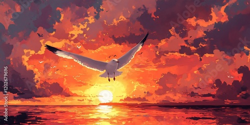 Sunset Seagull Flight, Dramatic Sky, Peaceful Scene photo