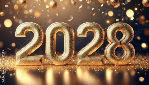 2028 gold glitter numbers, Happy New Year banner, gold and silver confetti background.