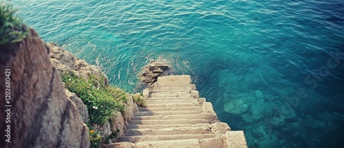 A stone staircase descends into the crystal-clear turquoise waters, inviting a sense of calm and exploration on a sunlit coastal day. photo