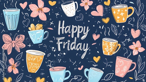 Happy Friday! Colorful Cups and Flowers Illustration photo