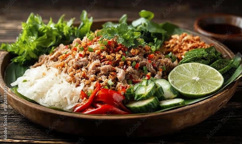 Thai minced meat salad on wooden platter Thai minced meat salad on wooden platter