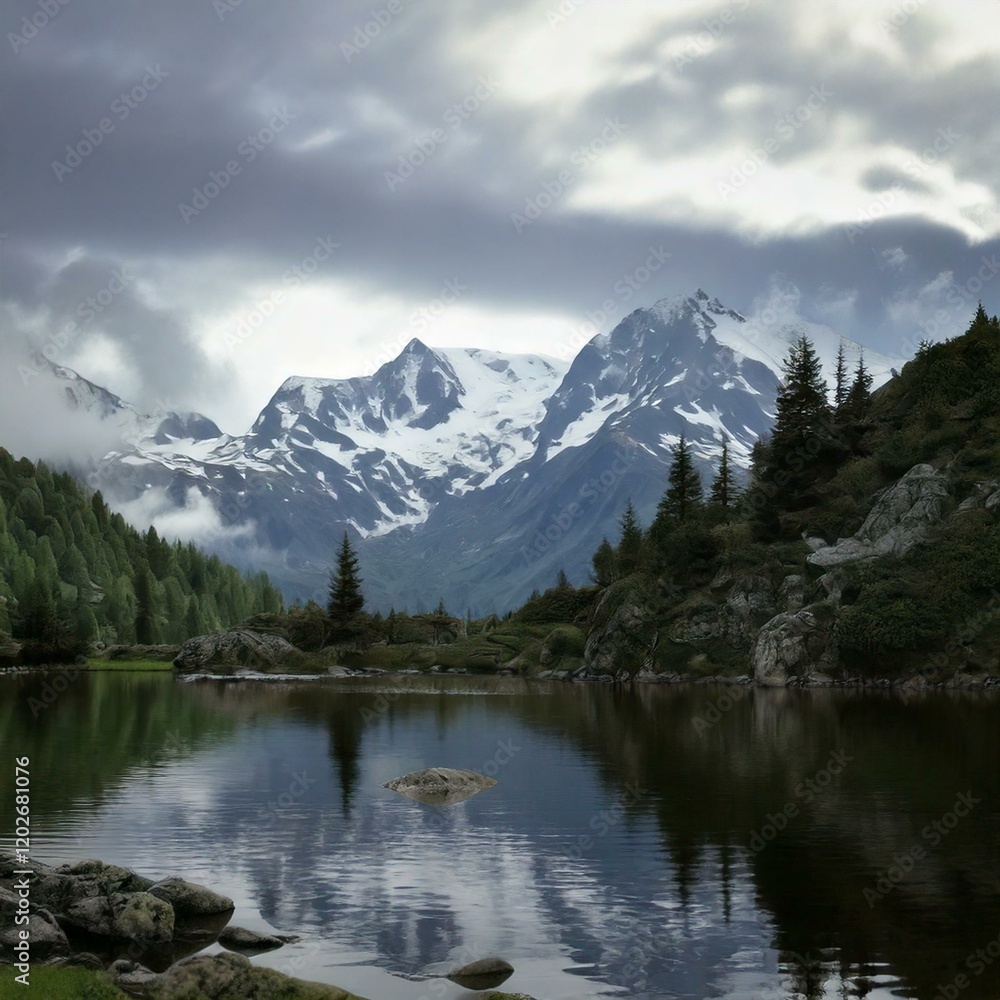 Foggy-capped mountains in the background, with a tranquil lake in the foreground reflecting Foggy-capped mountains in the background, with a tranquil lake in the foreground reflecting