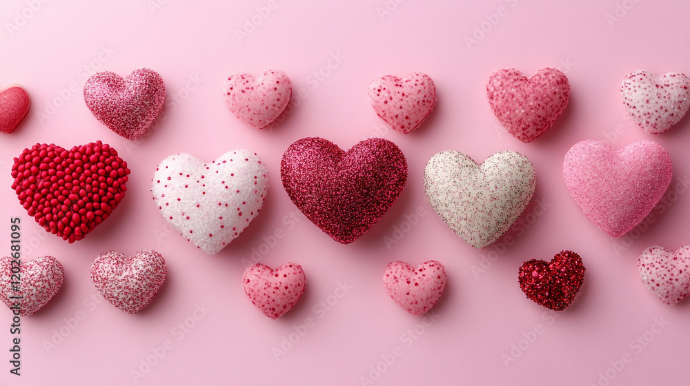 Obraz premium A romantic and colorful photograph showcasing a variety of hearts against a pink background, evoking warmth, affection, and love in its simplest form.