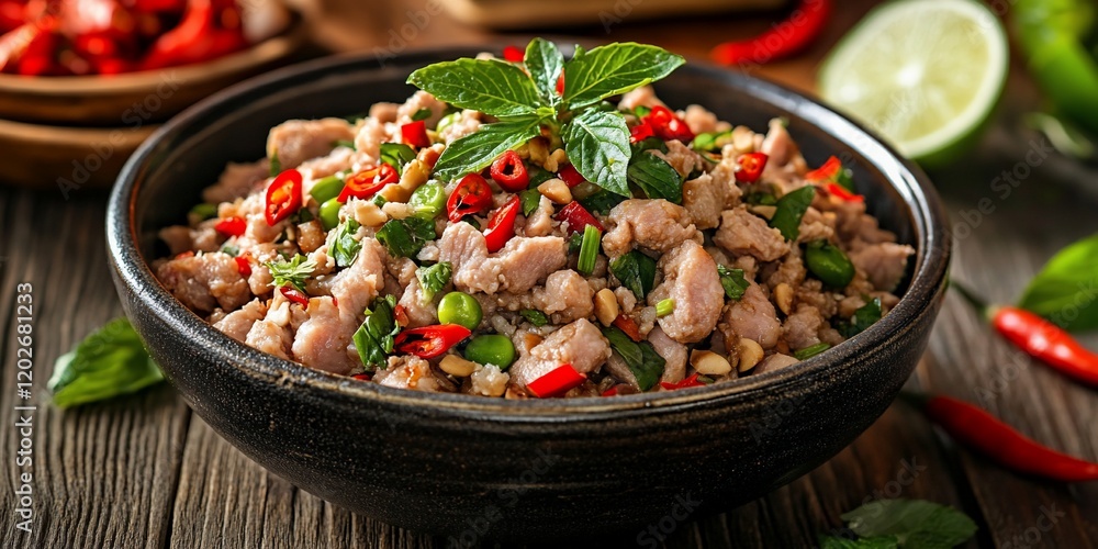 Thai Chicken Salad on Wooden Table Thai Chicken Salad on Wooden Table