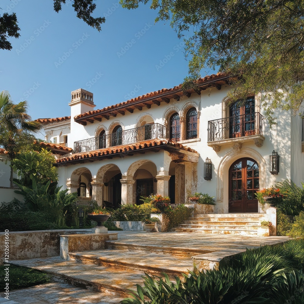 Fototapeta premium Mediterranean Dream: A stunning Mediterranean-style mansion with terracotta roof tiles, arched windows, and a grand entrance, creating an inviting and luxurious atmosphere.