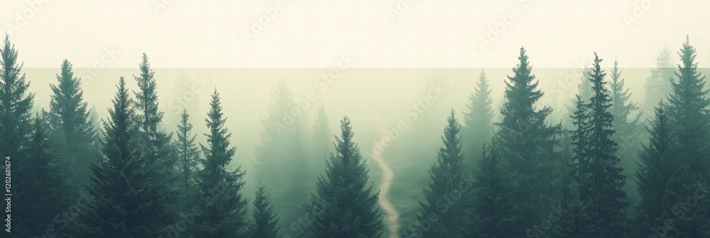 Obraz premium Winding forest trail surrounded by tall trees in early morning mist showcasing natures tranquility. Generative AI