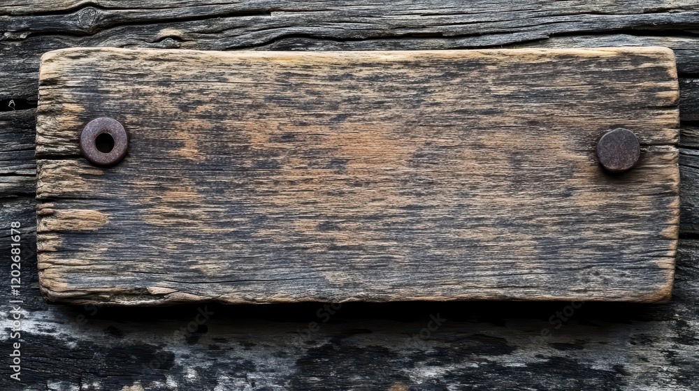 Obraz premium Rustic weathered wood plank with rusty nails, great texture. Ideal for background, signs, or adding a vintage feel to designs.