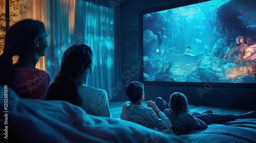 A family enjoying an interactive smart home theater with immersive lighting effects,