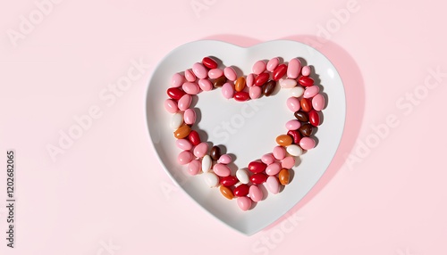 Wallpaper Mural Heart-Shaped Arrangement of Assorted Candies on a White Plate Against a Pink Background. A Romantic Valentine's Day Image with Soft Lighting and a Focus on Sweet Treats. The image evokes feelings of l Torontodigital.ca