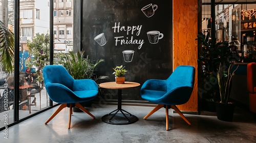 Happy Friday at a Cozy Cafe: Two Blue Armchairs by a Chalkboard Wall photo