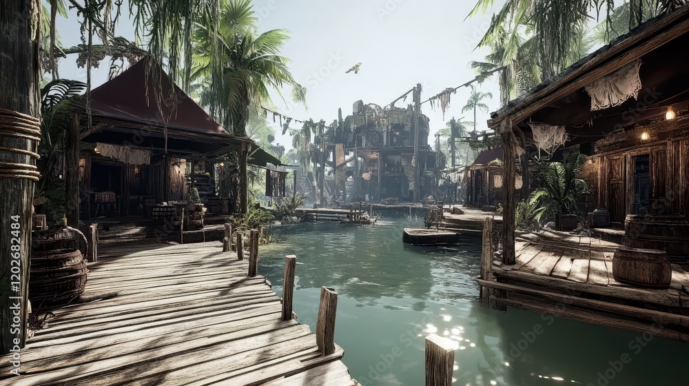 Ruined Tropical Village Waterfront Scene Ruined Tropical Village Waterfront Scene