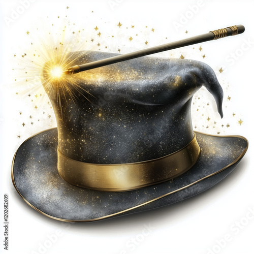 illustration of a Cylinder magic hat with golden ribbon and fairytale wand. Vintage man fashion and magic show concept. Vector art isolated on white background	
 photo