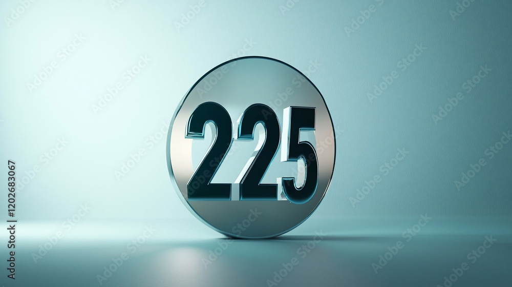 Number 225 in a metallic circle on a blue background. Number 225 in a metallic circle on a blue background.
