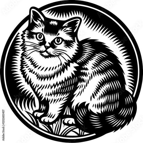 Smiling Fluffy Kitten Surrounded by Floral Pattern in Artful Design