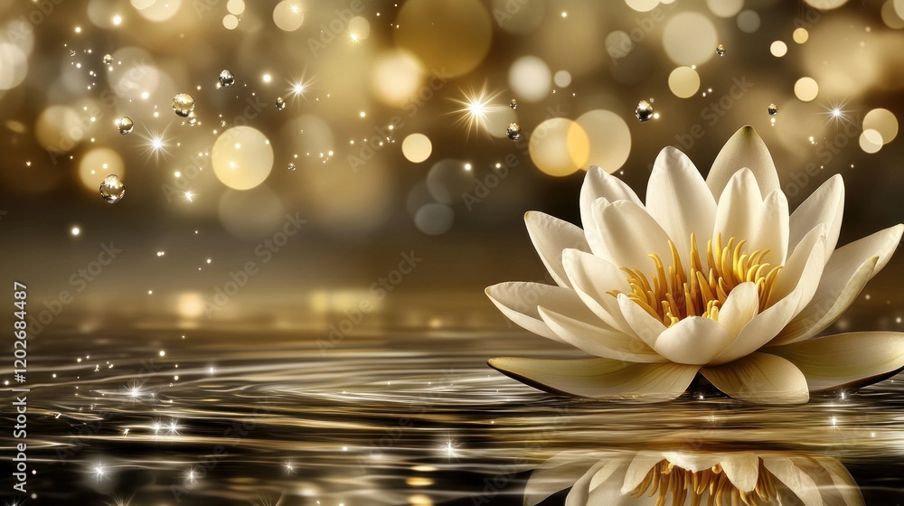 Fototapeta premium Serene white water lily floating on calm water with golden bokeh background.
