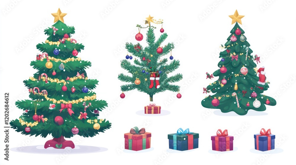 Three decorated Christmas trees with presents. Three decorated Christmas trees with presents.