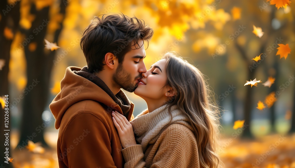 Fototapeta premium Autumnal Embrace: A Romantic Couple's Kiss Amidst Falling Leaves