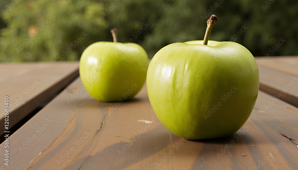 Two ripe green apples on a rustic wooden table outdoors Two ripe green apples on a rustic wooden table outdoors
