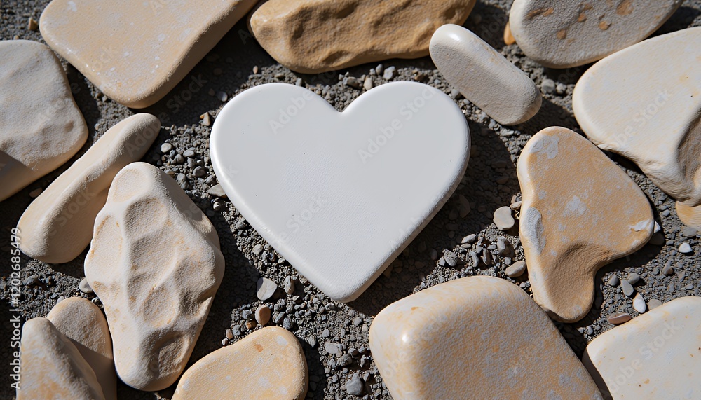 Obraz premium White Heart Shape Nestled Among Smooth, Pale Yellow and Gray Stones. A Symbol of Love and Affection, Captured in a High-Resolution Image with Soft Lighting and a Peaceful Atmosphere. The Simple Compo