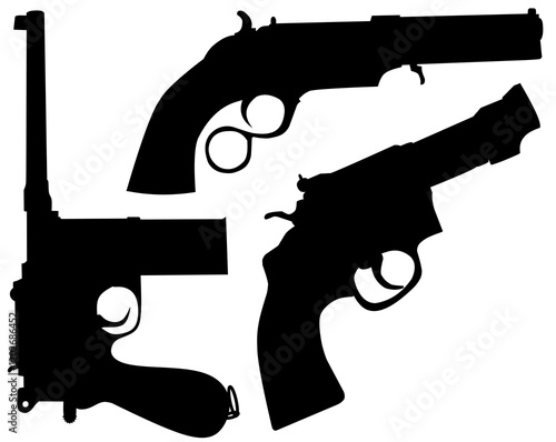 Military set of automatic guns, pistols and other weapons. Monochrome illustrations isolate. Automatic gun and rifle black white style