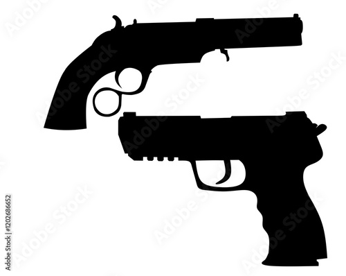 Military set of automatic guns, pistols and other weapons. Monochrome illustrations isolate. Automatic gun and rifle black white style