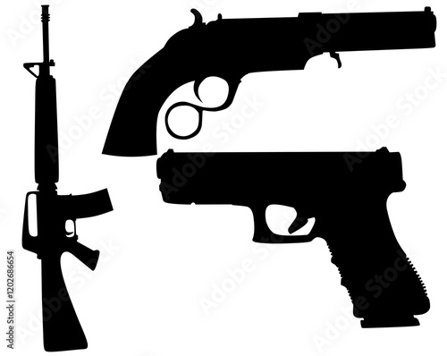 Military set of automatic guns, pistols and other weapons. Monochrome illustrations isolate. Automatic gun and rifle black white style