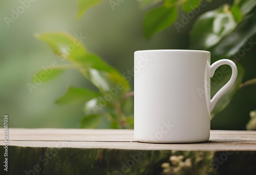 Blank white mug close up on nature background. photo