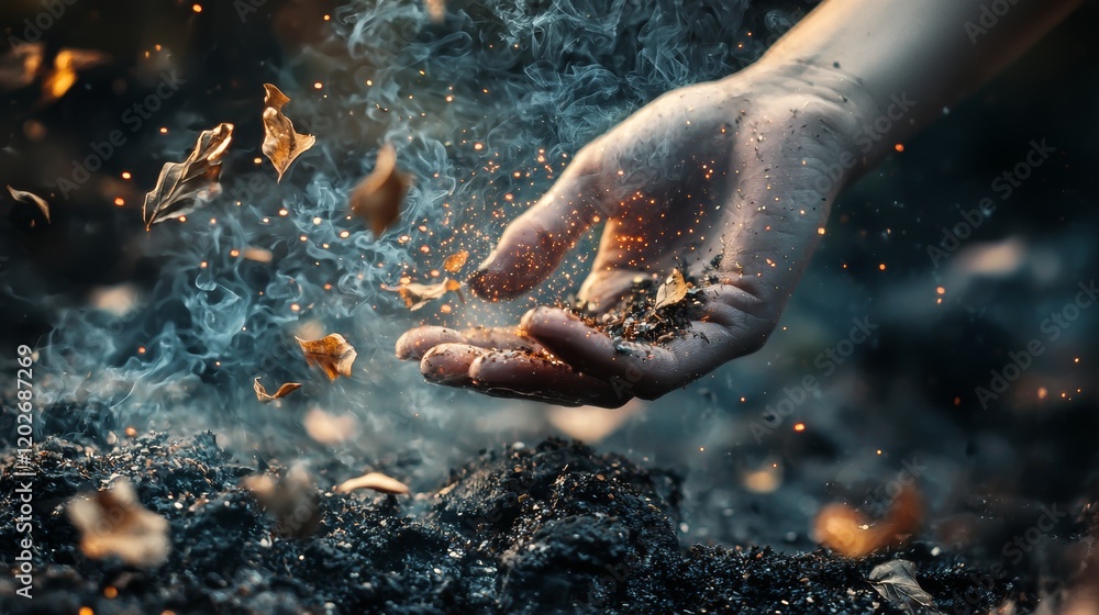Fototapeta premium Close-up of hands sifting flour on a dark surface