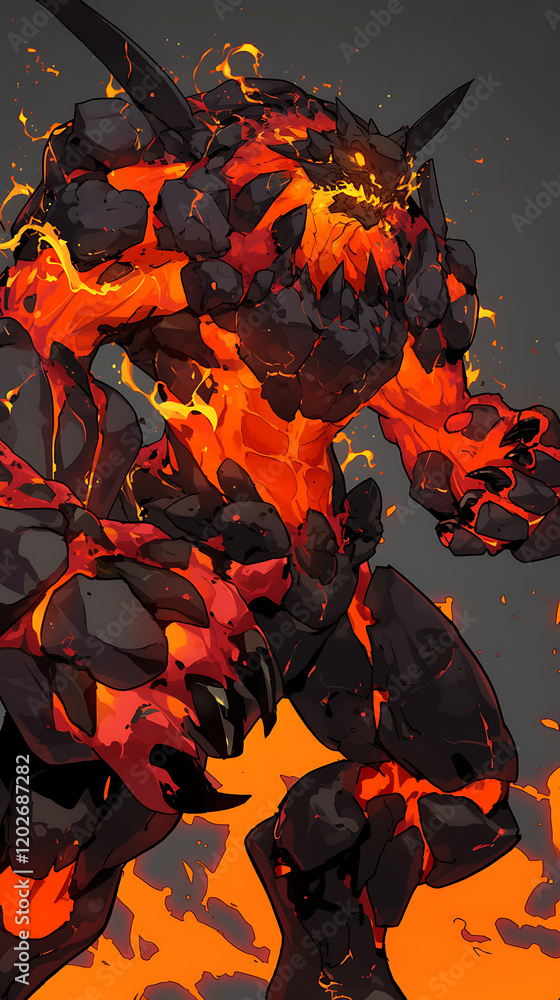 Fiery volcanic creature emerging from molten lava, showcasing dynamic movement and vibrant colors Fiery volcanic creature emerging from molten lava, showcasing dynamic movement and vibrant colors