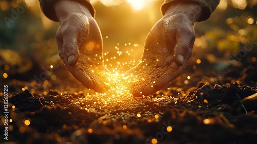 Hands releasing glowing particles into soil, symbolizing growth and connection with nature.