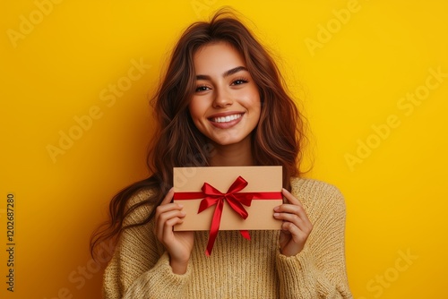 Wallpaper Mural Happy young woman slim body hold gift certificate coupon voucher store card isolated on vivid yellow color background studio. Torontodigital.ca
