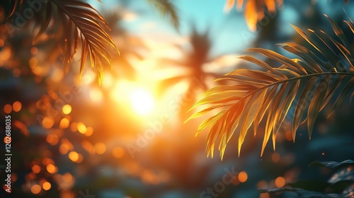 A serene sunset filtered through tropical leaves, creating a warm, inviting atmosphere.
