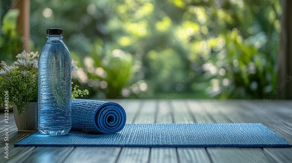 Fototapeta premium A serene yoga setup featuring a blue mat, a water bottle, and greenery in the background, ideal for relaxation.