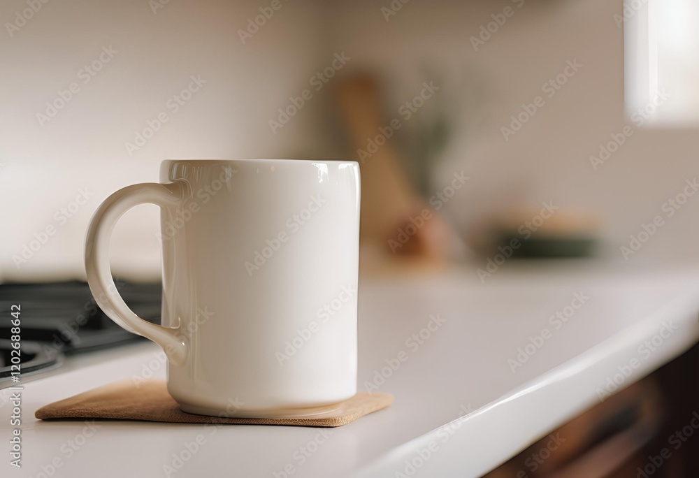 Fototapeta premium Blank white mug close up on kitchen background.