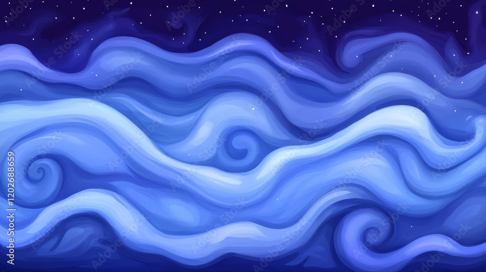 Fototapeta premium Abstract blue swirling waves under starry sky