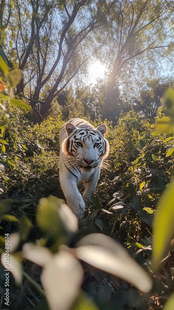 White Tiger in Forest, Sunny Day, Wildlife, Nature, Photo White Tiger in Forest, Sunny Day, Wildlife, Nature, Photo