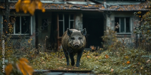 Wild boar in abandoned house, autumn scene, wildlife, nature photo