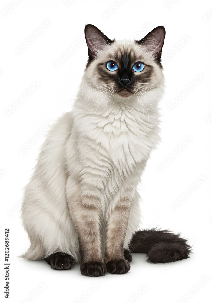 Adorable Fluffy Balinese Cat with Striking Blue Eyes Sitting on White Background Adorable Fluffy Balinese Cat with Striking Blue Eyes Sitting on White Background