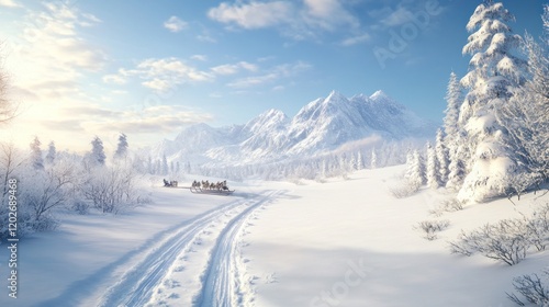 Wallpaper Mural Winter Sleigh Ride Through Snowy Mountains and Forests Under a Clear Blue Sky Torontodigital.ca