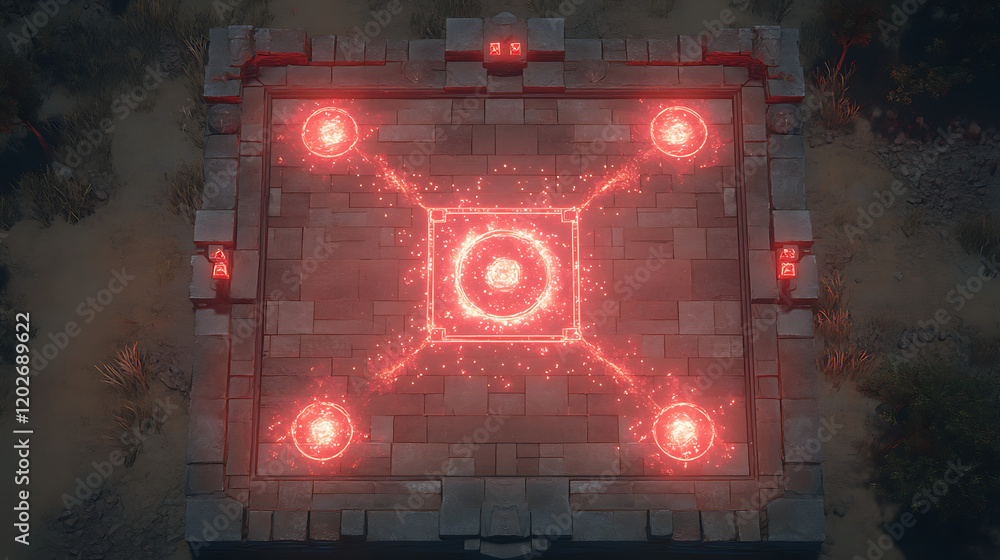 Fototapeta premium Ancient Ruins Battle Map Game: Red Energy Glow