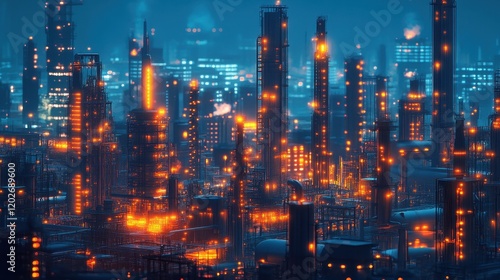 Wallpaper Mural Night cityscape of futuristic refinery, glowing towers and intricate structures. Illustrates technological advancement, industrial progress, or dystopian themes. Torontodigital.ca