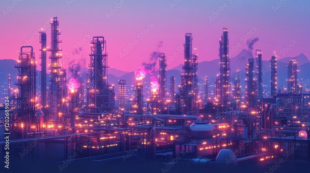 Fototapeta premium Night view of illuminated refinery complex. Illustrates industrial processes, energy production, and manufacturing.