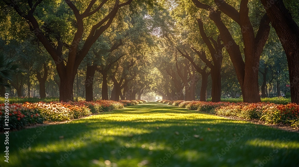 Obraz premium A serene pathway lined with trees and flowers, inviting tranquility and natural beauty.