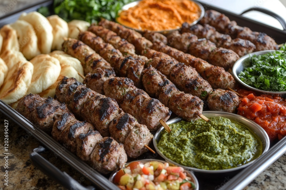 A tray of lamb kebabs and kofta skewers, accompanied by colorful dips and breads, styled with Middle Eastern flair A tray of lamb kebabs and kofta skewers, accompanied by colorful dips and breads, styled with Middle Eastern flair
