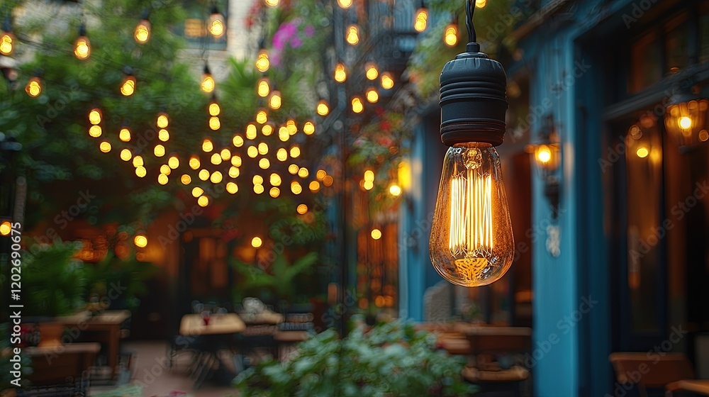 A cozy courtyard illuminated by warm string lights, creating a welcoming atmosphere. A cozy courtyard illuminated by warm string lights, creating a welcoming atmosphere.